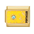 Diseño amarillo con piedra azul y la palabra pentacles