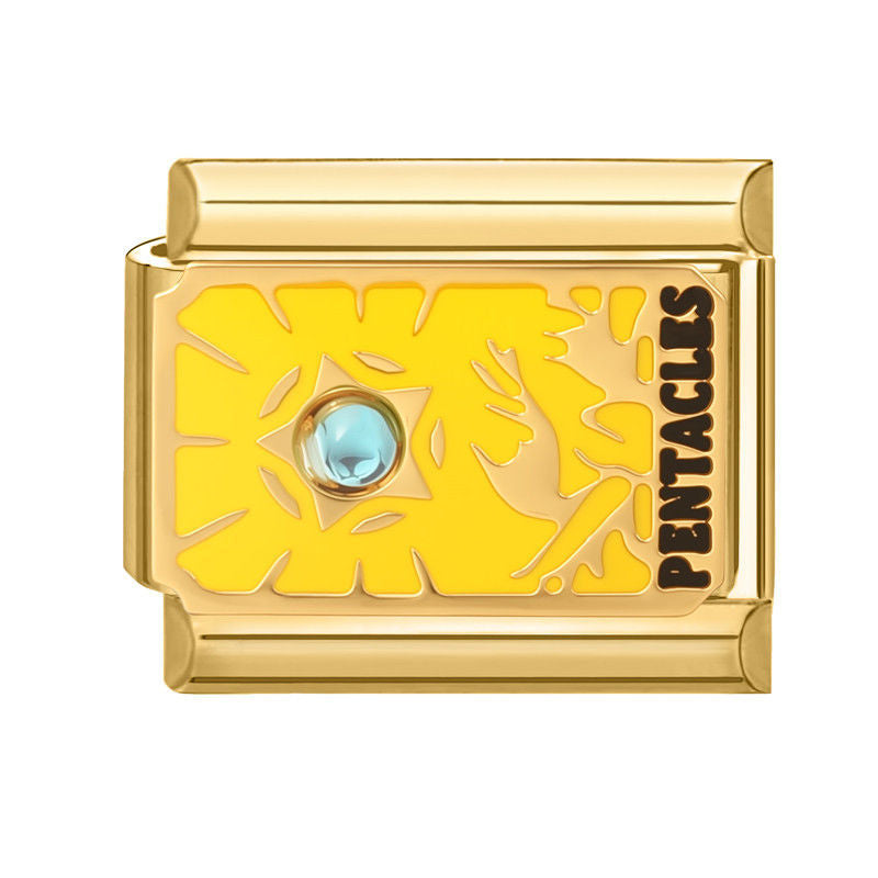 Diseño amarillo con piedra azul y la palabra pentacles