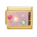 Diseño lila con piedras de colores y la palabra the world