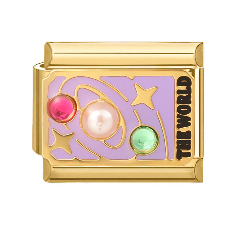Diseño lila con piedras de colores y la palabra the world