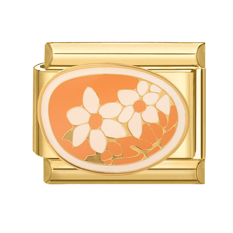 Óvalo naranja con flores blancas