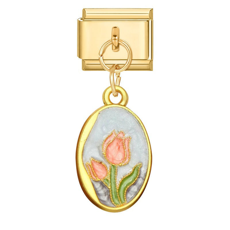 Medallón ovalado con tulipanes rosas