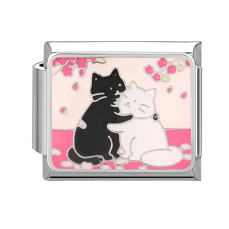 Gato negro y blanco abrazados