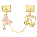 Cadena doble con mariposa rosa y cerezas doradas