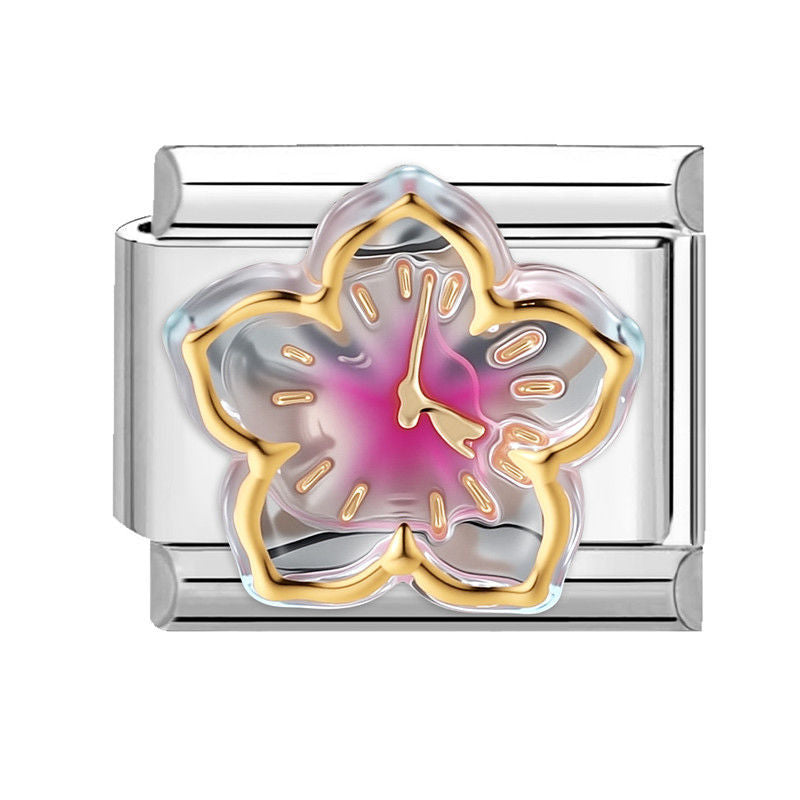 Eslabón con flor reloj rosa y dorada