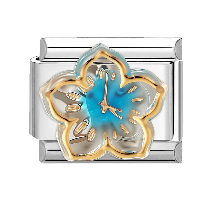 Eslabón con flor reloj azul y dorada