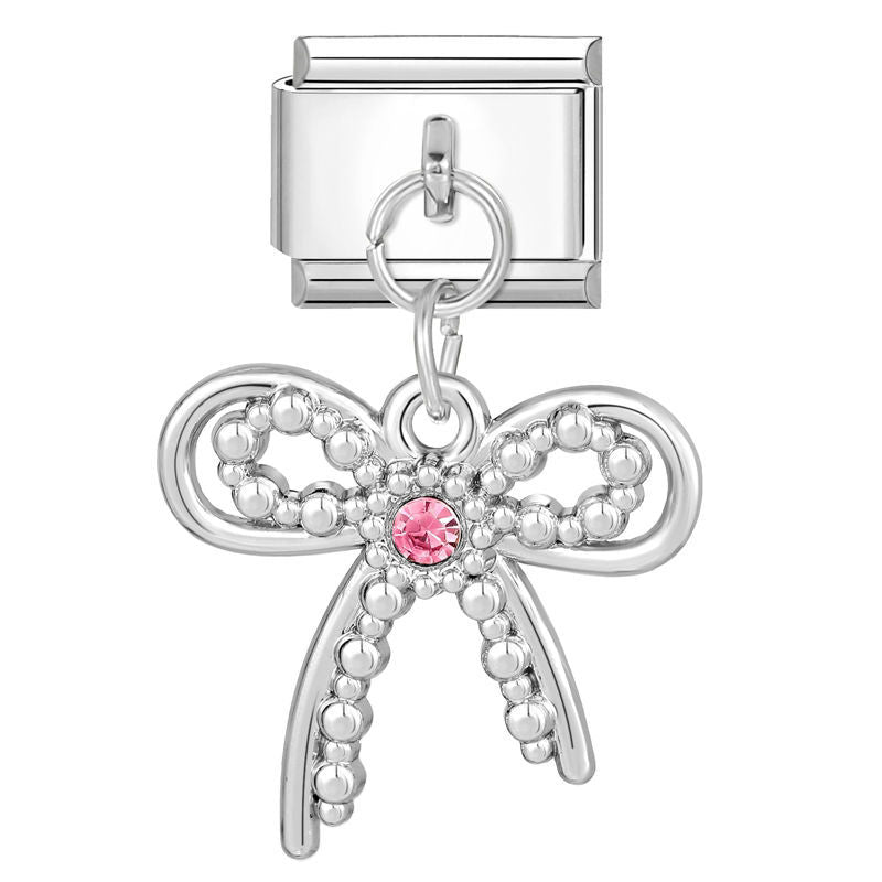 Lazo plateado con circonita rosa colgante