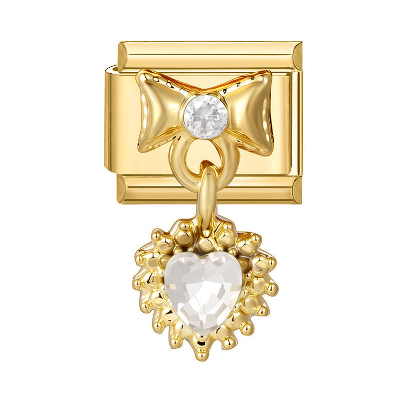 Lazo dorado con circonita y corazón de cristal colgante