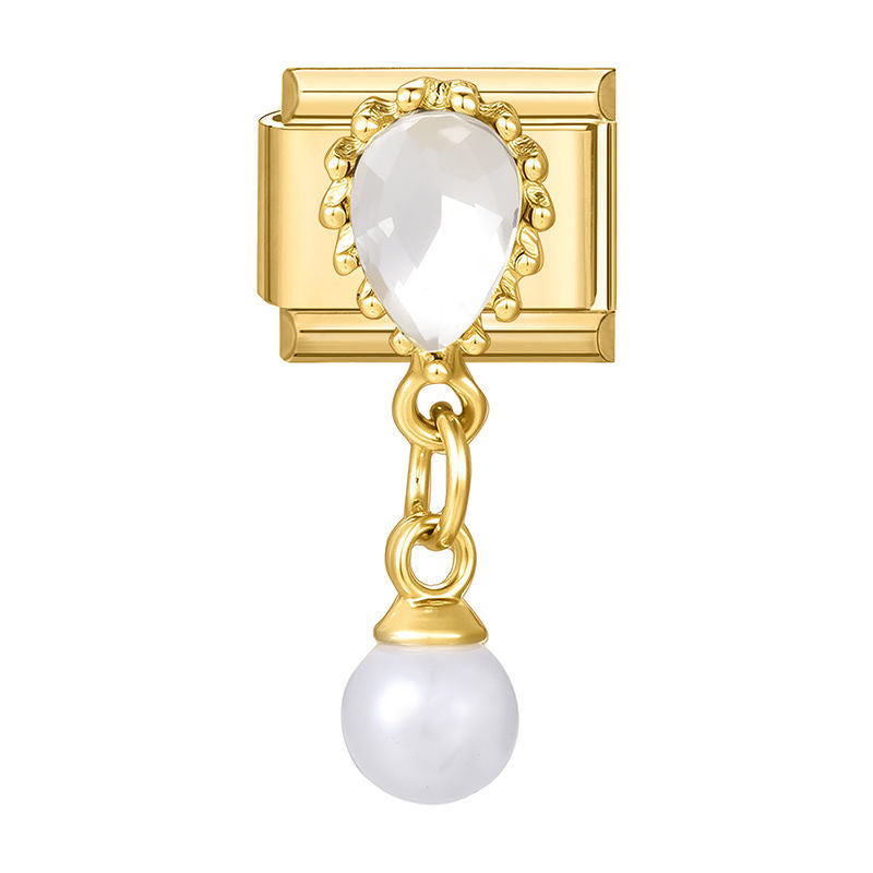 Piedra blanca en forma de gota con perla colgante