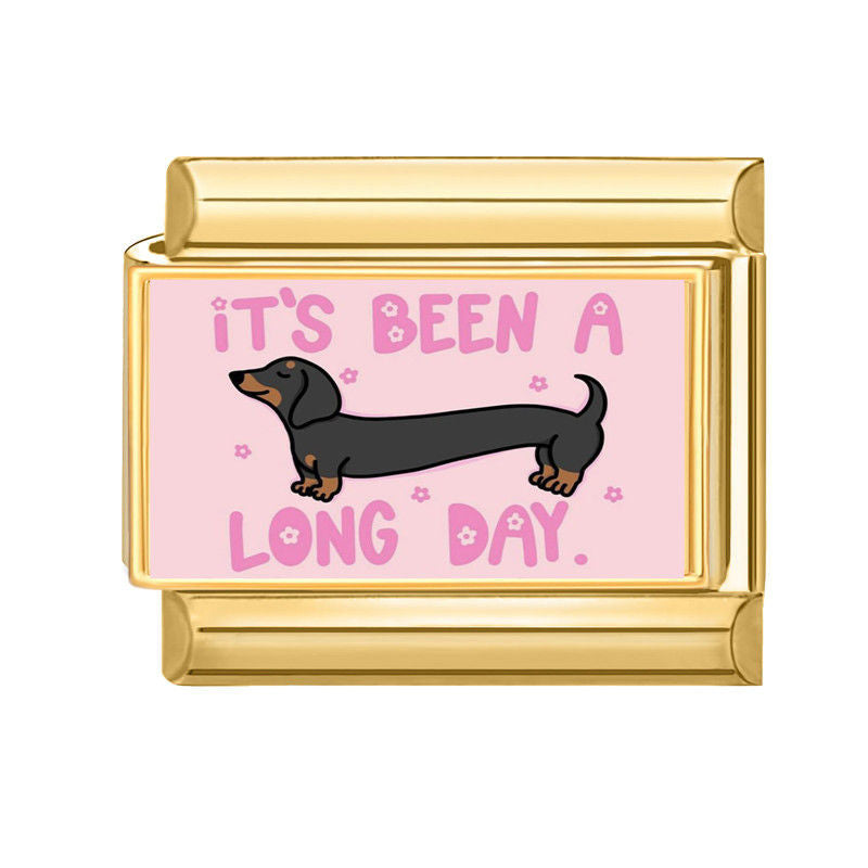 Perro salchicha con frase "it's been a long day"