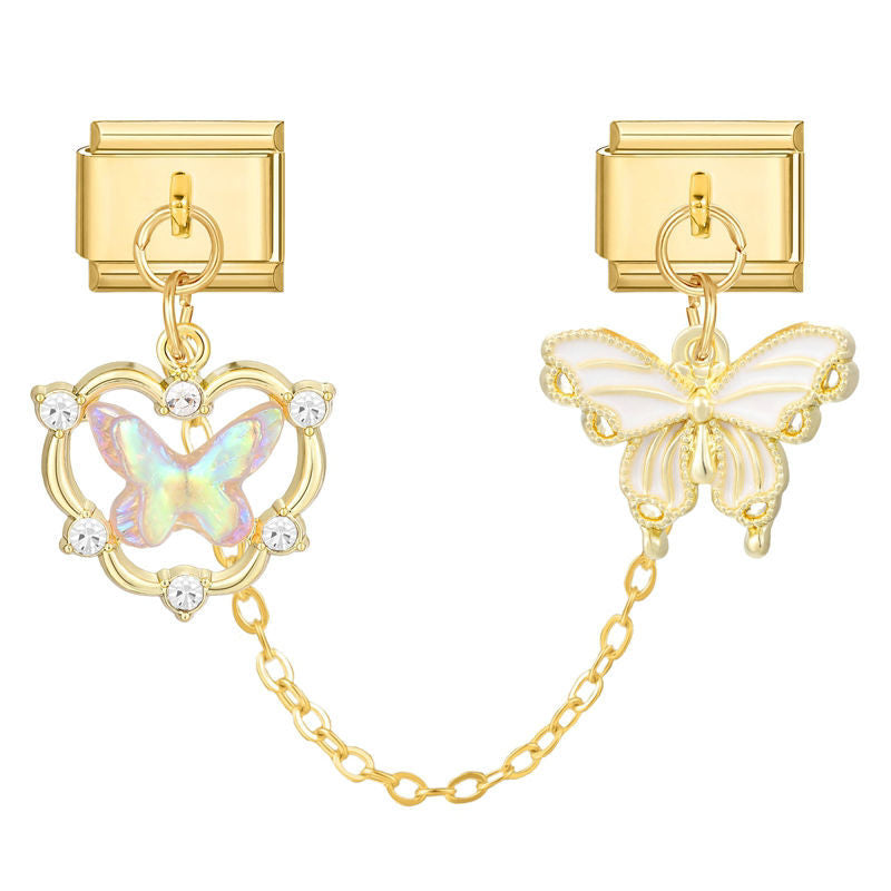 Cadena doble con mariposa irisada y mariposa blanca