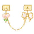 Cadena doble con tulipán rosa y lazo de perlas