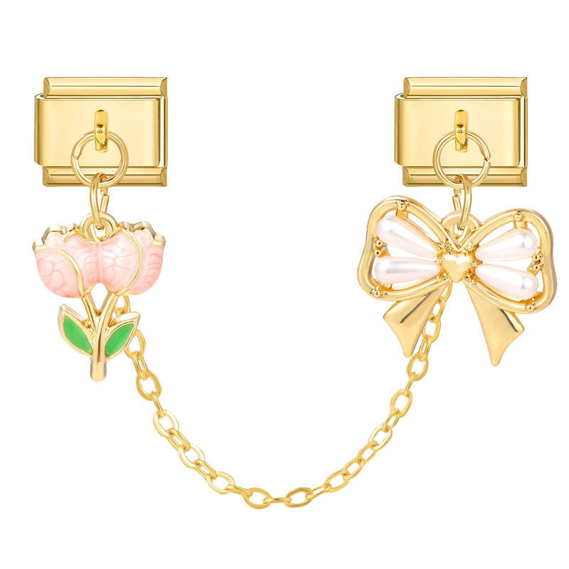 Cadena doble con tulipán rosa y lazo de perlas