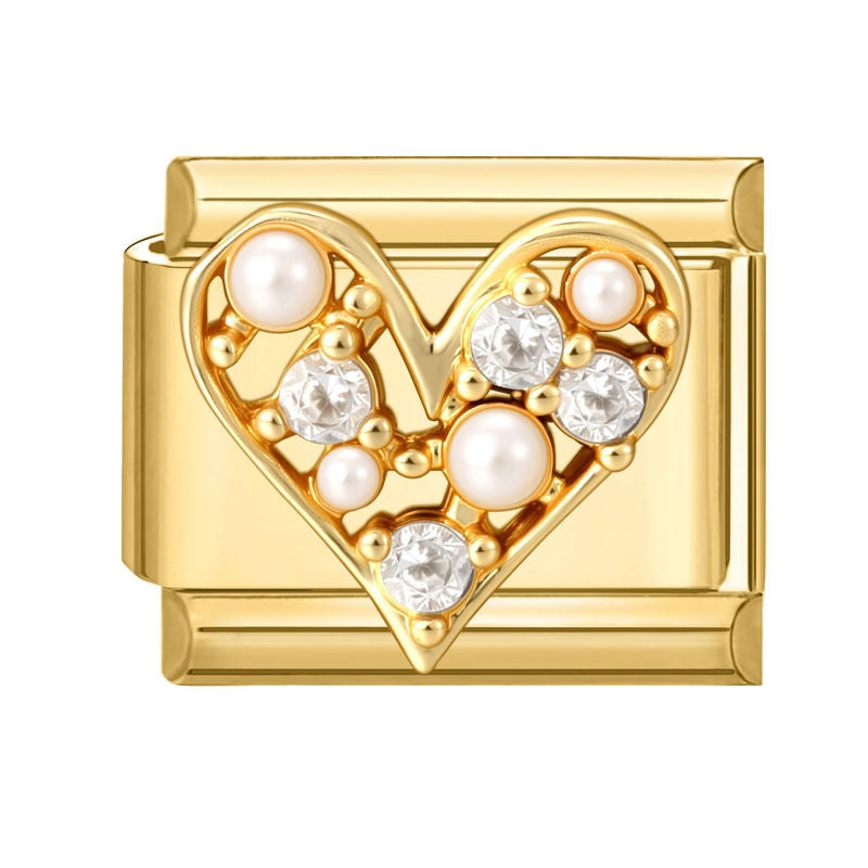 Corazón dorado con perlas y circonitas