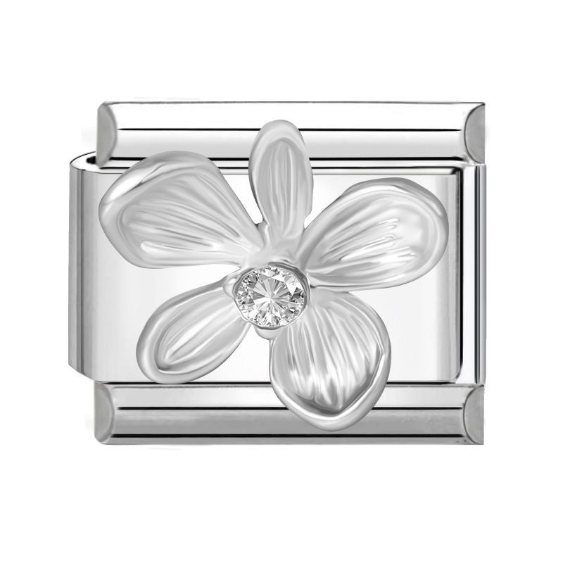 Eslabón con flor plateada y circonita